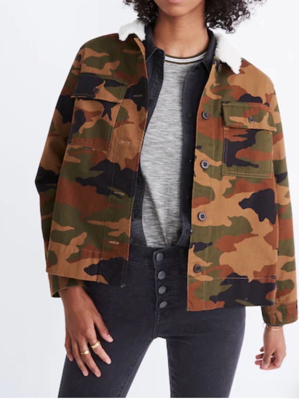 Madewell Camo Jean Jacket with Sherpa Collar - Green, Brown, Black